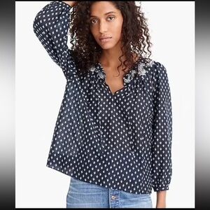 Point Sur Silk Blend Embroidered Block Print Peasant Blouse Top Womens M